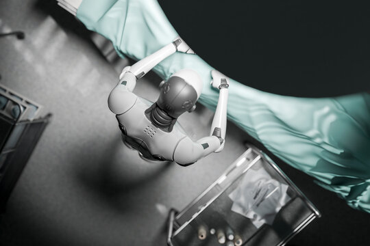 3D robot performing surgery in high-tech medical room