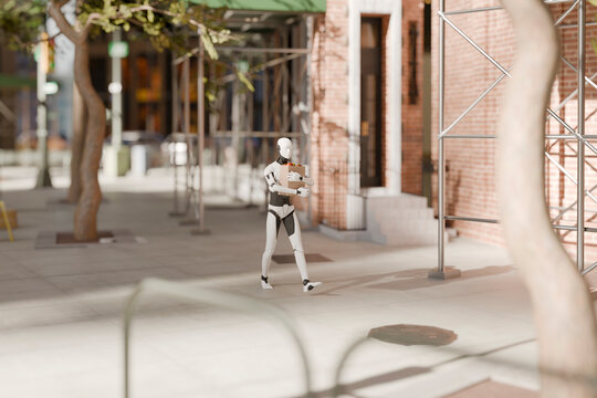 3D android walking with groceries through urban block