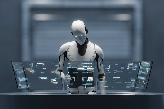 3D robot coding at control station with futuristic UI