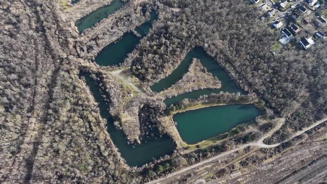 Aerial view of ponds surrounded by bare trees in a symmetrical pattern, creating a visually interesting landscape, Wittelsheim, Grand Est, France.