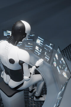 3D humanoid AI coding station with screen panels