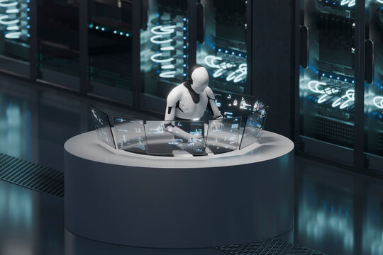 3D AI robot managing data operations screens