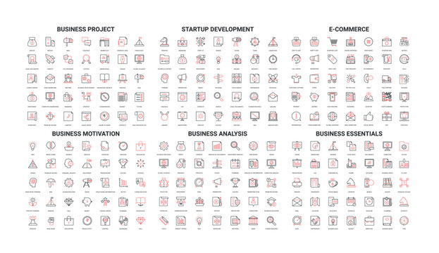 Minimalist business icons in red and black line style covering project management, startup, e-commerce, analysis, motivation, essentials isolated on white background vector illustration
