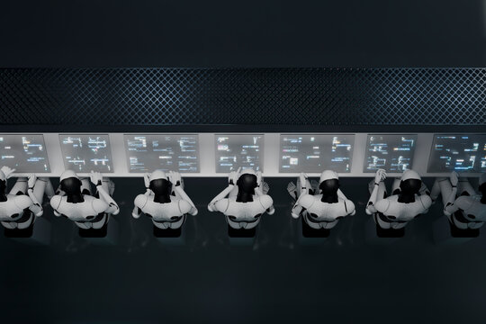 3D AI robot working multitask interface screens