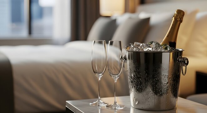 Elegant ice bucket with champagne and flutes in a luxurious hotel room, symbolizing a perfect relaxation and vacation concept.
