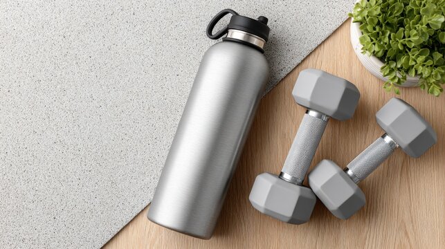 fitness equipment still life, water bottle and dumbbells placed on the right side of a gym floor, clean texture background on the left side for text