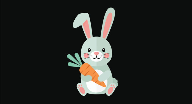 Adorable cartoon illustration of a sweet light gray rabbit character sitting down while happily clutching a large bright orange carrot in its small paws