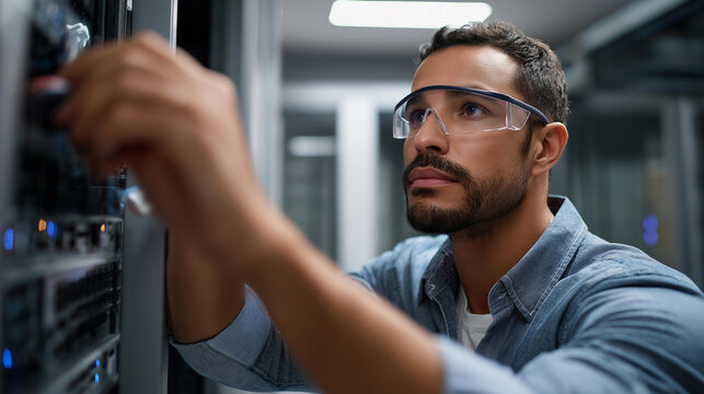 Dedicated IT engineer managing network equipment carefully, professional in safety glasses within high-tech data center, optimizing server performance and connectivity operations,