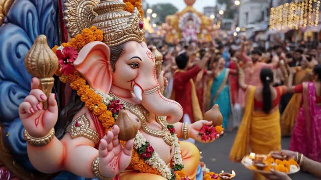 Grand statue of Ganesha adorned with marigolds on a decorated float, with a woman offering a puja plate during Ganesh Chaturthi festival.