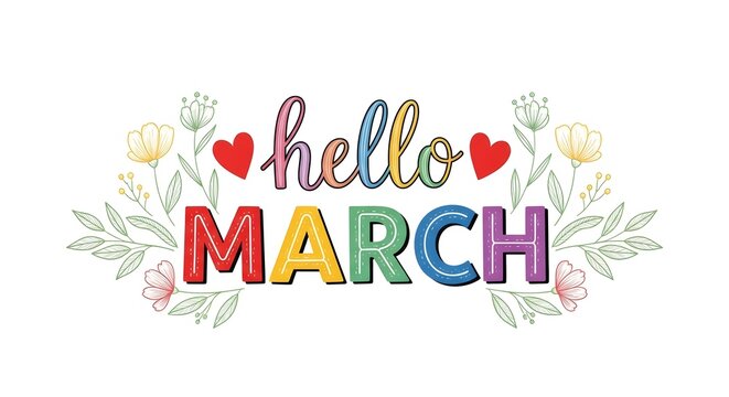 Colorful Hello March Typography with Floral Elements and Hearts