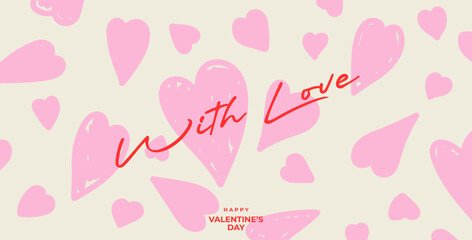Creative concept of Happy Valentines Day card. Modern abstract art background with hand drawn red hearts pattern on pink. Template for celebration, ads, branding, banner, cover, label, poster, sales.