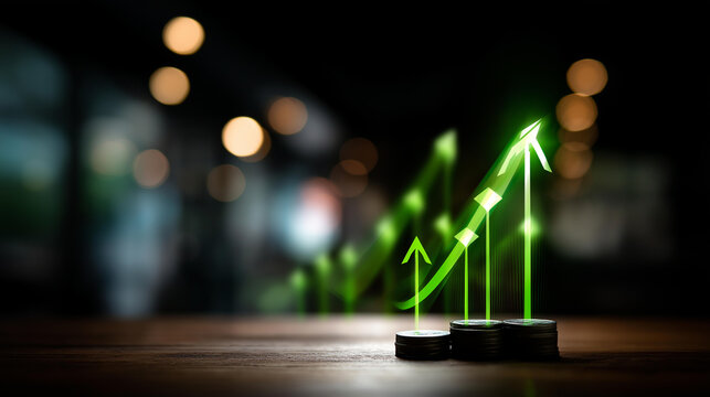 Green arrows pointing upward symbolizing growth display, progress and advancement against dark background clearly shown, business development with upward trajectory visualization