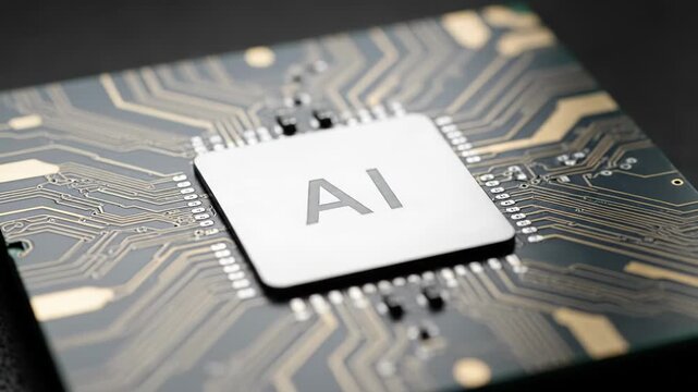 A close-up view of a circuit board featuring the inscription "AI". The board is a deep green/black with gold traces. The processor is silver. The background is a gradient black