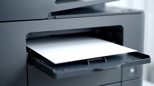 A close-up view of a modern office machine with a paper tray.  A sheet of white paper is in the tray, ready for printing