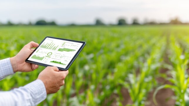POV shot, farmer's hands holding a digital tablet displaying data charts and analysis, background is a blurred green corn field, bright daylight