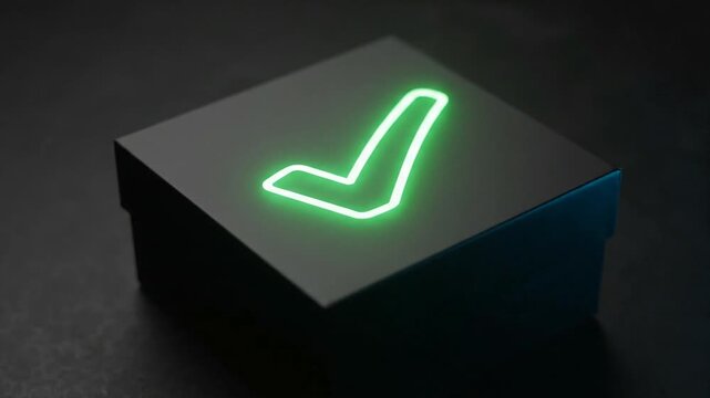 Neon illuminated check mark on black cube against dark background