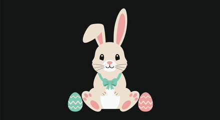 Obraz premium Adorable illustration of a cute cream colored bunny rabbit character wearing a turquoise bow tie sitting between two festive patterned easter eggs