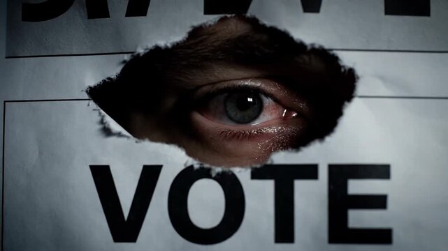A close-up view of an eye peering through a hole ripped in a poster, part of the word "VOTE" visible