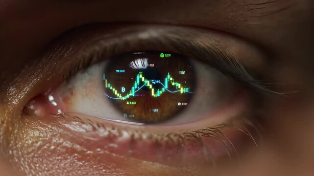 A close-up view of an eye with a financial market chart overlaid