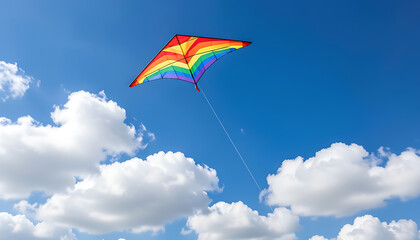 A bright kite with pink, green, blue, and orange stripes glides across a mostly clear sky, 32K Resolution