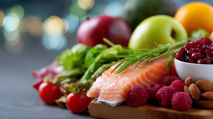 Balanced diet healthy mix, defocused nutritious foods background, fruits vegetables proteins healthy fats, providing body essential nutrients maintaining energy health, with copy