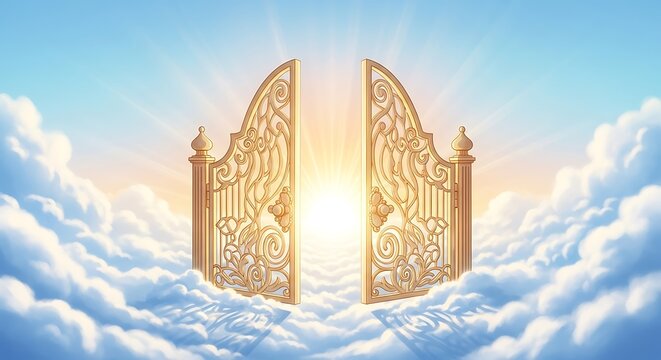 Golden gates open, sun rays bursting through clouds into a blue sky