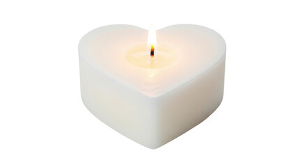 White heart-shaped wax candle with small flame, minimal product shot for romantic decor, isolated on white background