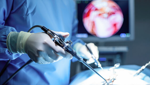 Surgeon performing endoscopic surgery in operating room with monitor display in medical facility, healthcare and medical technology applications