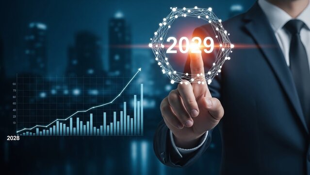 Businessman in suit pointing to a futuristic 2029 graphic with glowing cityscape and charts background