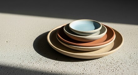 Stack of Ceramic Bowls and Plates in Natural Light.