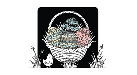 Obraz premium Adorable little chick stands beside a woven basket overflowing with intricately decorated Easter eggs nestled in tall grass against a dark background