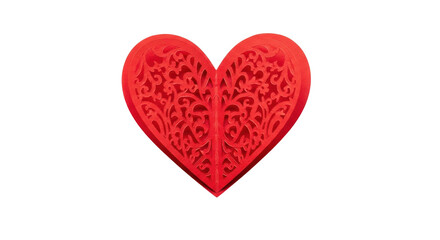 Red paper cut heart with lace filigree pattern for Valentine card or wedding invitation design, isolated on white background