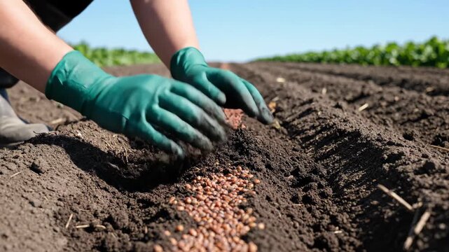 Womans gloved hands spreading seeds in fertile soil, planting new growth in an agricultural field on a sunny day