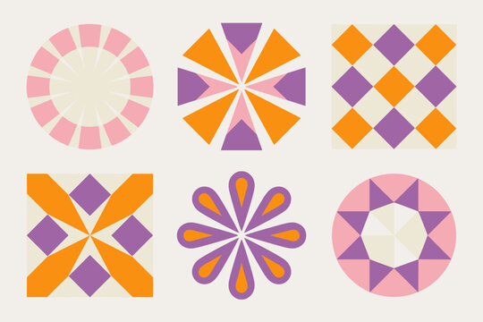 Geometric shapes and patterns in a mosaic style, featuring circles, squares, and octagons in pastel colors