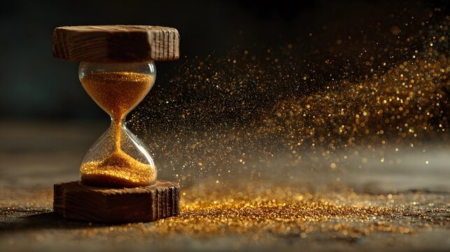 Minimalist wooden hourglass with golden sand flowing through it releases glowing particles of light into the air against a warm background.