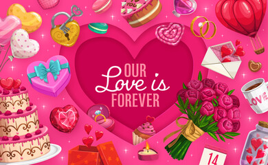 Naklejka premium Our love is forever Valentine day quote paper cut greeting card with a bold pink heart shaped frame, surrounded by love elements like rings, flowers, gifts, cakes, letters and romantic typography