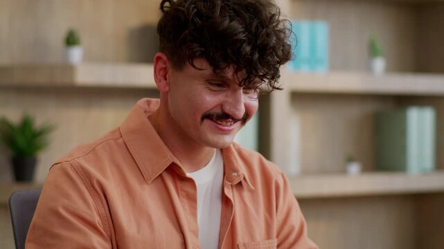 Caucasian successful smiling business man typing laptop device modern technology businessman in office working computer work corporate software guy happy smile male professional startup owner leader