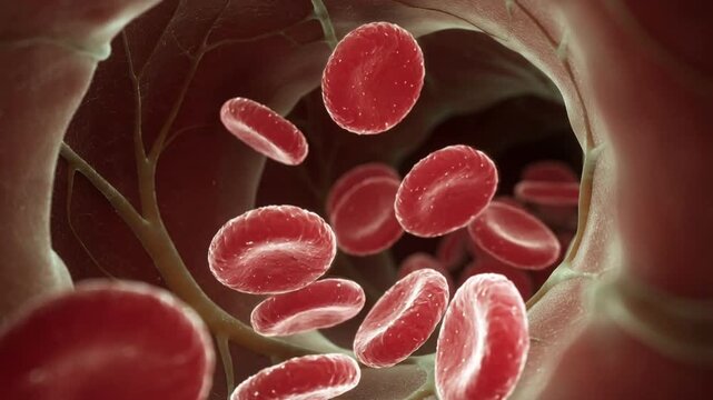 Flow of red blood cells inside a blood vessel close up