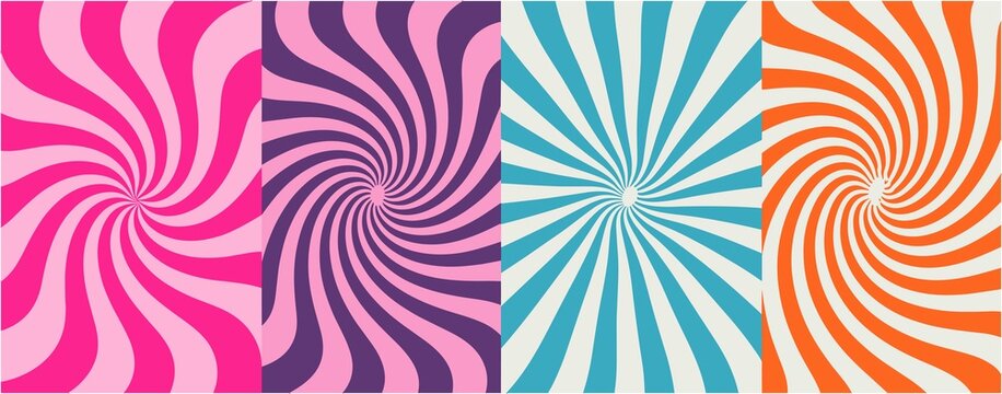 Vibrant psychedelic swirl background set with colorful pink purple teal and orange wavy spiral patterns for design
