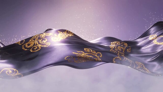 Wavy purple silk with gold ornament and sparks, generative ai