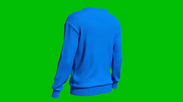 Blue knitted sweater rotating on green background