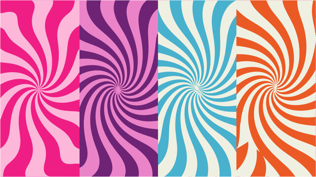 Retro colorful swirl background collection set with abstract psychedelic spiral pattern and groovy vintage textures