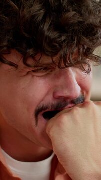 Portrait Caucasian business man suffering biting fist bite hand feeling stress crash despair businessman guy male entrepreneur suffer work problem trouble working failure bankruptcy manger in office