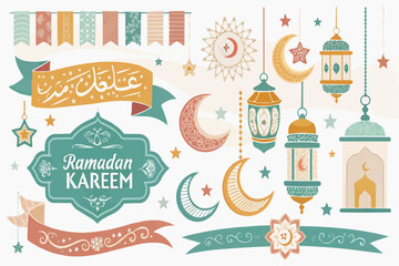 Ramadan kareem banners and ribbon labels vector illustration with lanterns and crescent moons