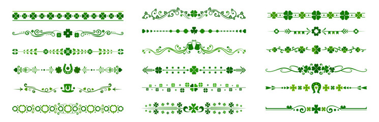 Green Irish shamrock clover divider borders for St Patrick day holiday, vector decorations. Saint Patrick frame borders and dividers with shamrock trefoil clover, green ale beer mugs and horseshoe