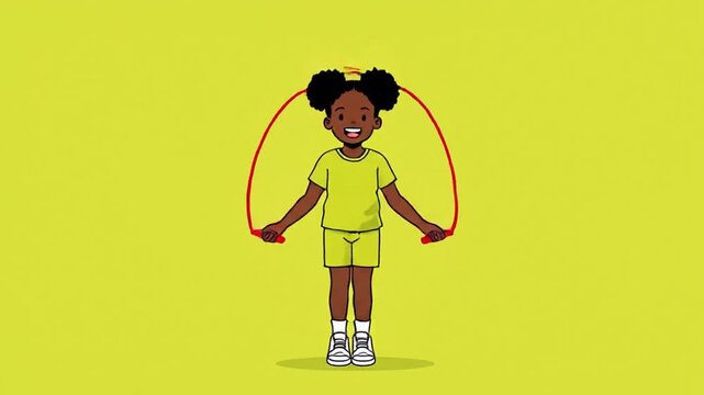 Happy African American Girl Jumping Rope Cartoon Animation Loop.