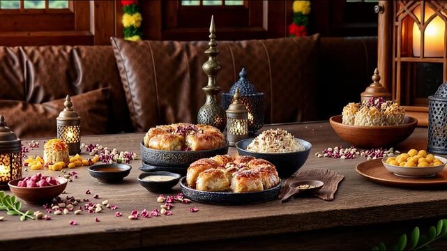Ramadan dessert set with kunafa baklava and rice pudding garnished with nuts and rose petals in warm golden evening light creating a peaceful elegant Muslim ambiance, 4k video footage