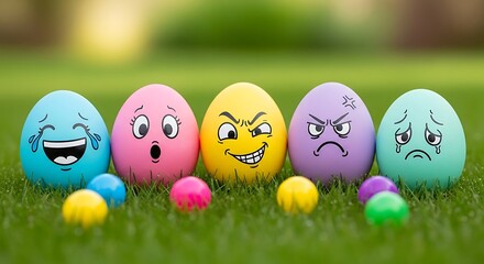 Colorful Easter Eggs with Funny Faces in Green Grass.