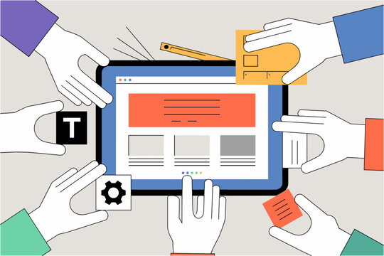 Hands working on website design concept flat vector illustration team building interface for digital tablet screen
