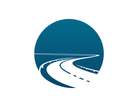 Highway asphalt road icon or route way and pathway symbol, vector minimal design. Road icon for travel or transport company corporate emblem, highway path or drive street, and roadway lane on horizon
